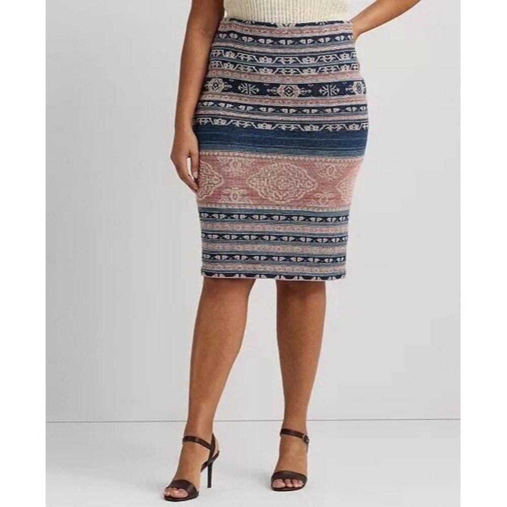 Ralph Lauren Women’s Geo-Motif Linen Cotton Pencil Skirt Pink‎ Blue Size 1X NWT
